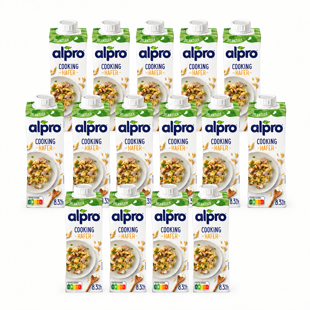 15 Packungen alpro Soja-Kochcreme Hafer à 250 ml in 5-6-4-Anordnung auf weissem Hintergrund
