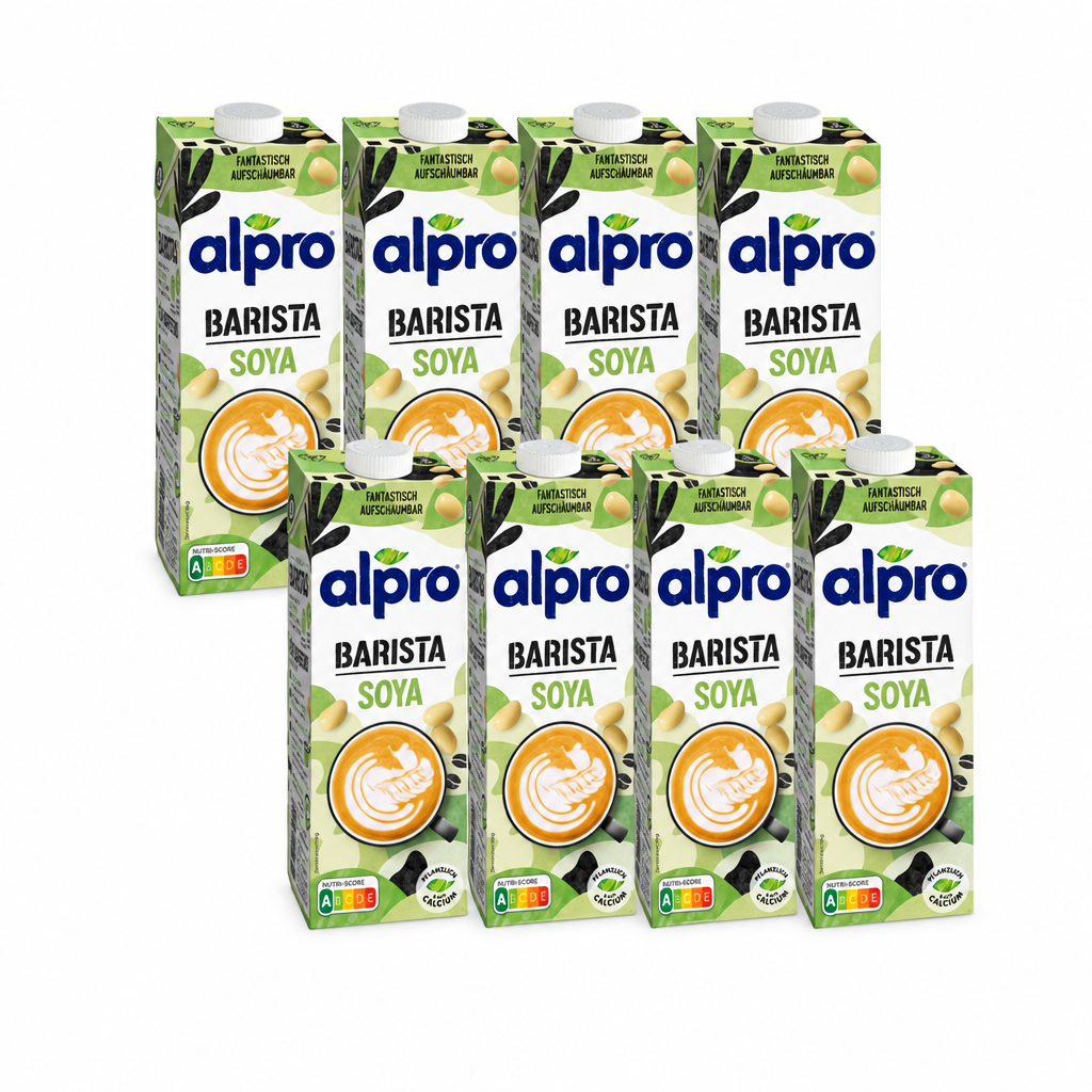 8 Packungen alpro Barista Sojadrink à 1 Liter in zwei versetzten Viererreihen
