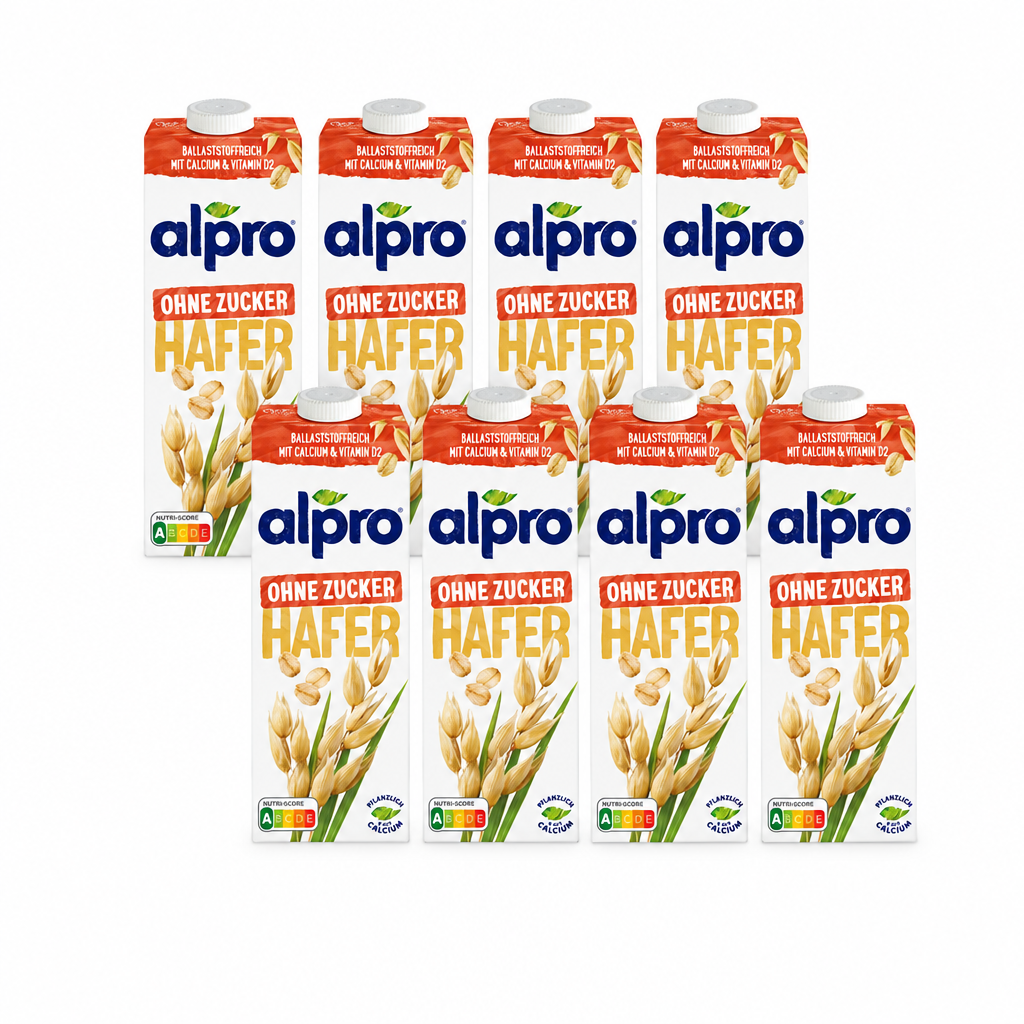 8 Packungen alpro Haferdrink ohne Zucker à 1 Liter in zwei versetzten Viererreihen
