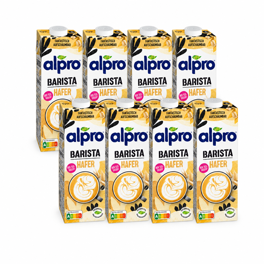 8 Packungen alpro Barista Haferdrink à 1 Liter in zwei versetzten Viererreihen