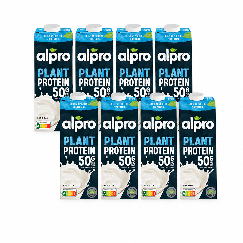 8 Packungen alpro Protein Sojadrink Natur à 1 Liter in zwei versetzten Viererreihen