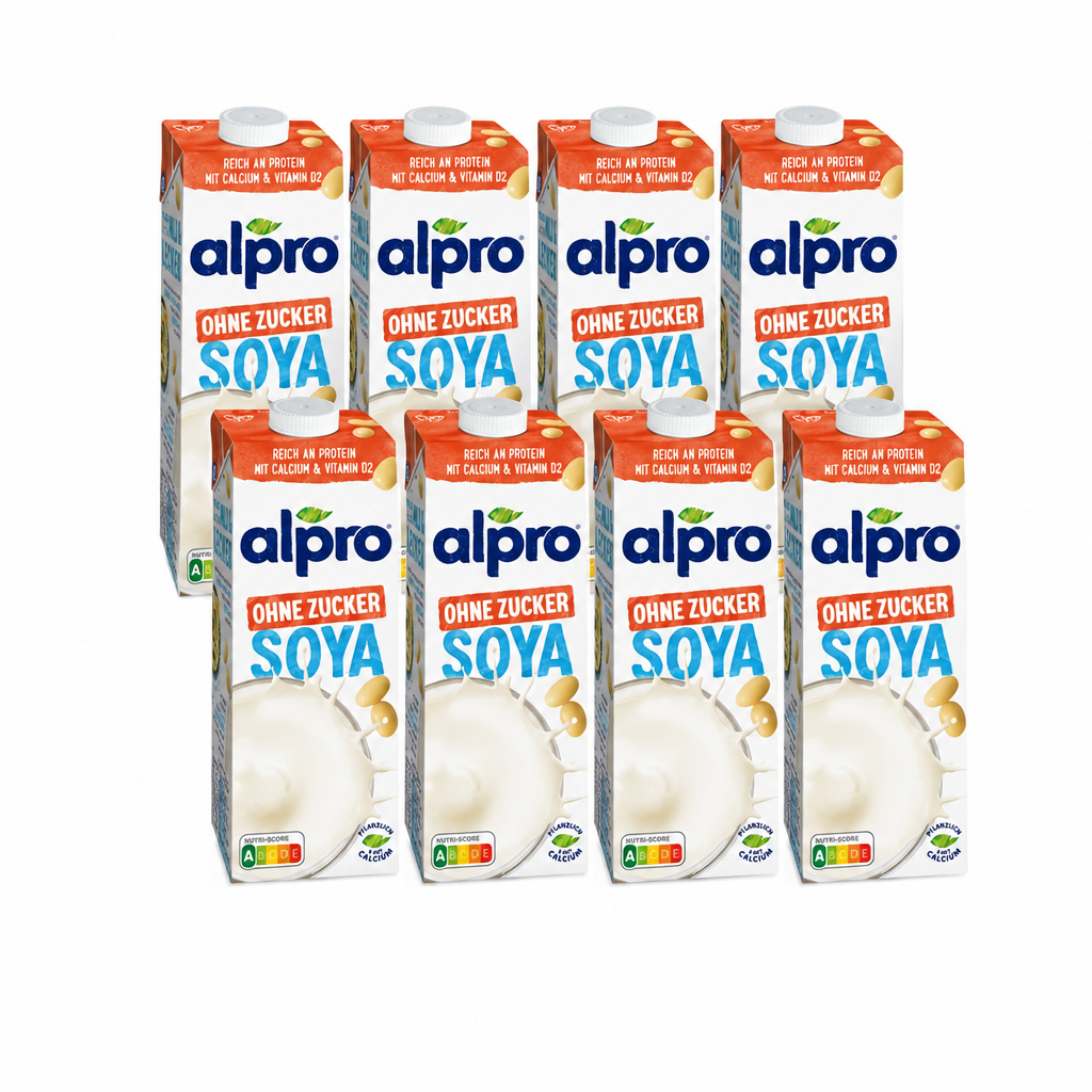 8 Packungen alpro Sojadrink ohne Zucker à 1 Liter in zwei leicht versetzten Viererreihen