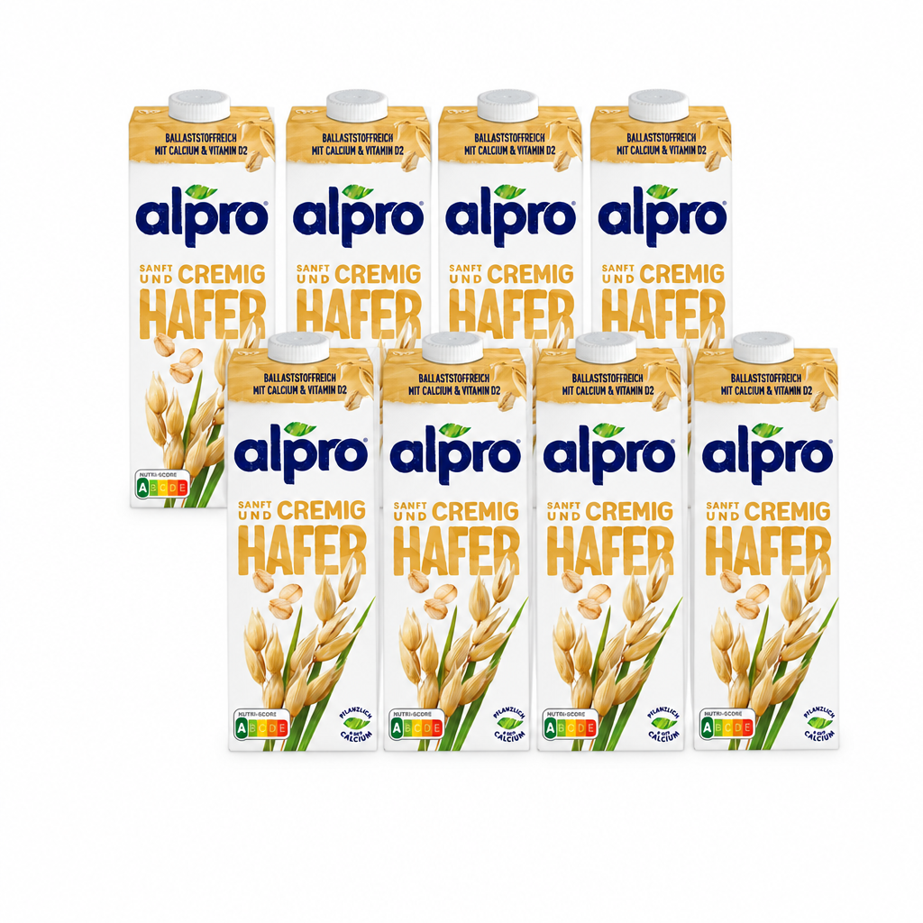 8 Packungen alpro Haferdrink Original à 1 Liter in zwei versetzten Viererreihen