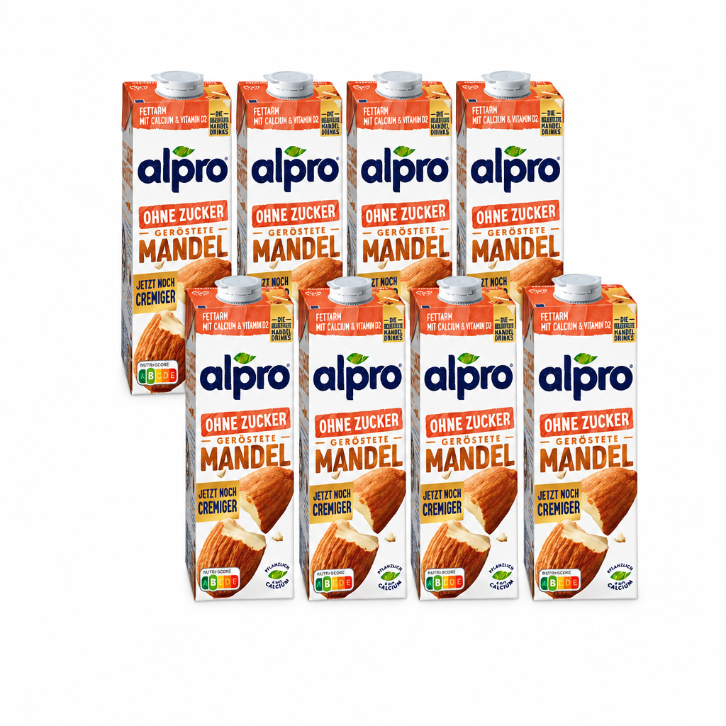 8 Packungen alpro Mandeldrink ohne Zucker à 1 Liter in zwei versetzten Viererreihen