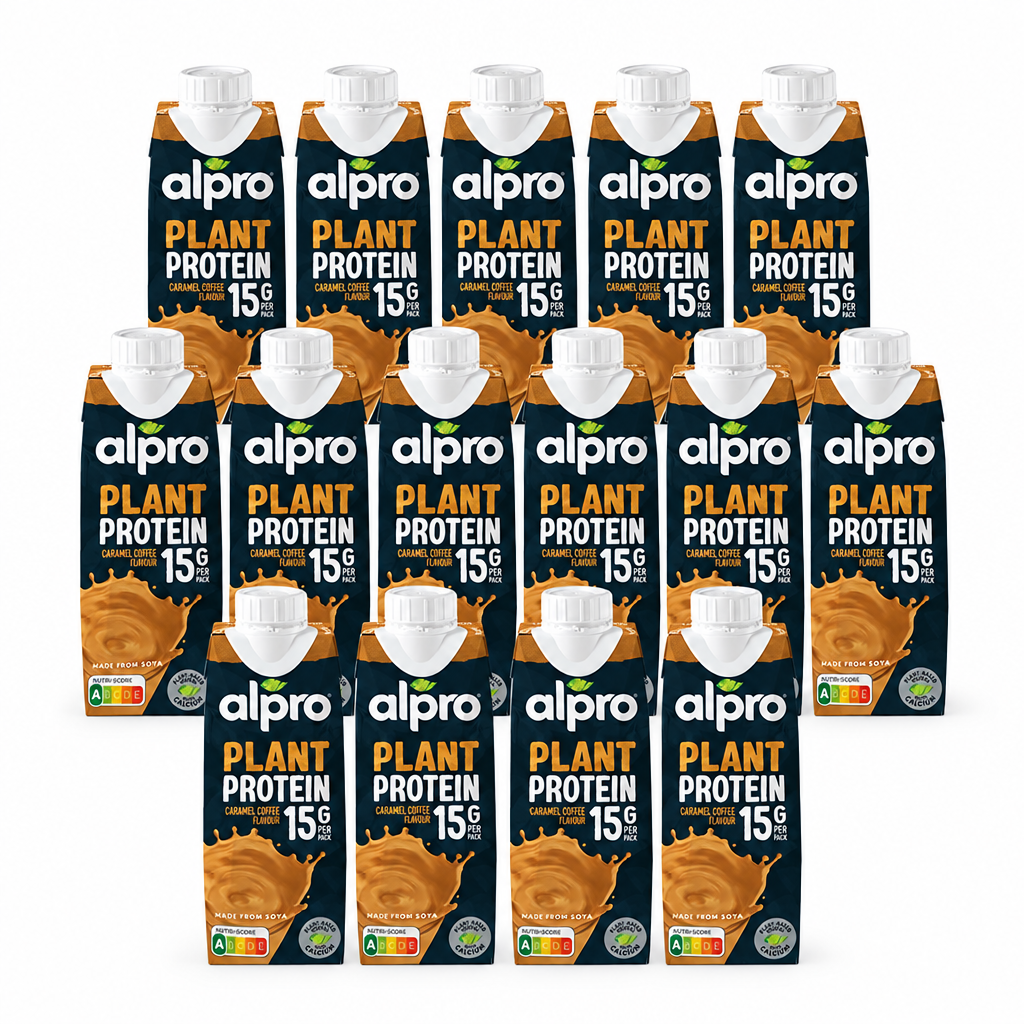 15 Packungen alpro Proteindrink Karamell-Kaffee à 250 ml in symmetrisch versetzten Reihen ohne Mengenplakette