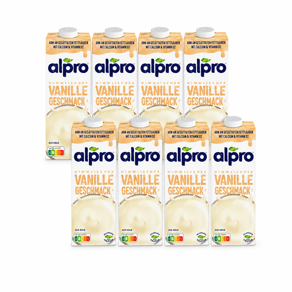 8 Packungen alpro Sojadrink Vanille à 1 Liter in zwei versetzten Viererreihen