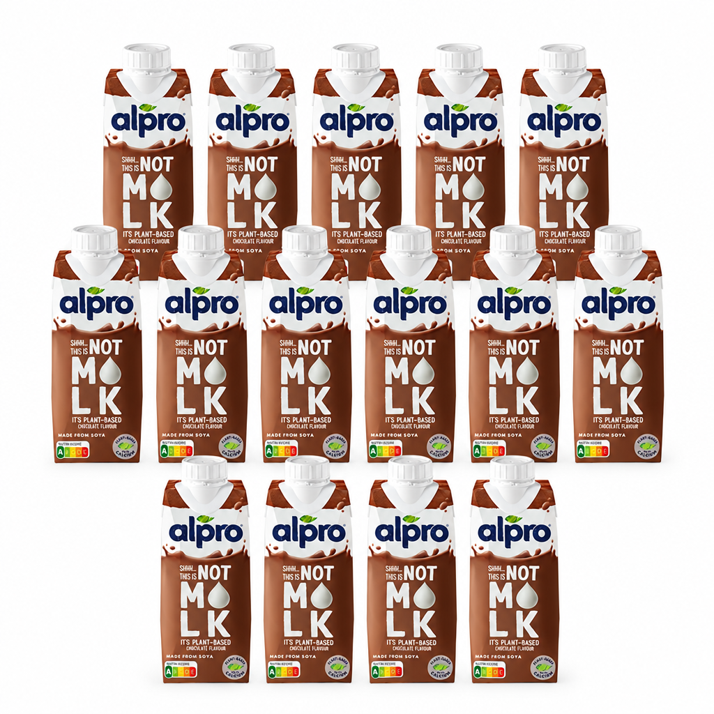 15 Packungen alpro Sojadrink Schokolade à 250 ml in Reihen wie Proteindrink Schokolade