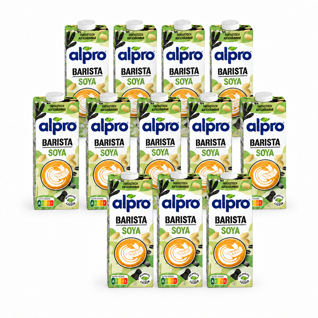 12 Packungen alpro Barista Sojadrink à 1 Liter, unten enger und leicht rechtsversetzt, ohne Mengenangabe