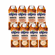 8 Packungen alpro Barista Karamell à 750 ml in zwei leicht versetzten Viererreihen mit Abstand