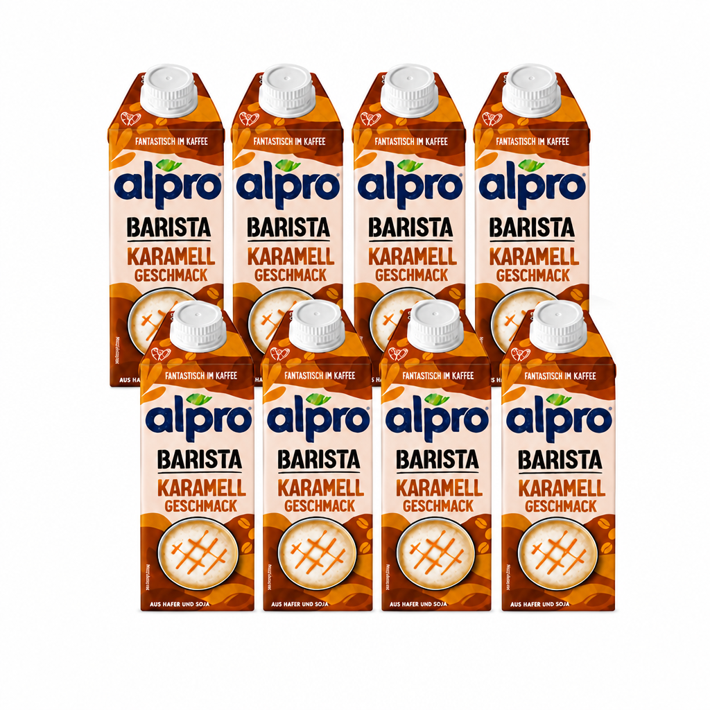8 Packungen alpro Barista Karamell à 750 ml in zwei leicht versetzten Viererreihen mit Abstand