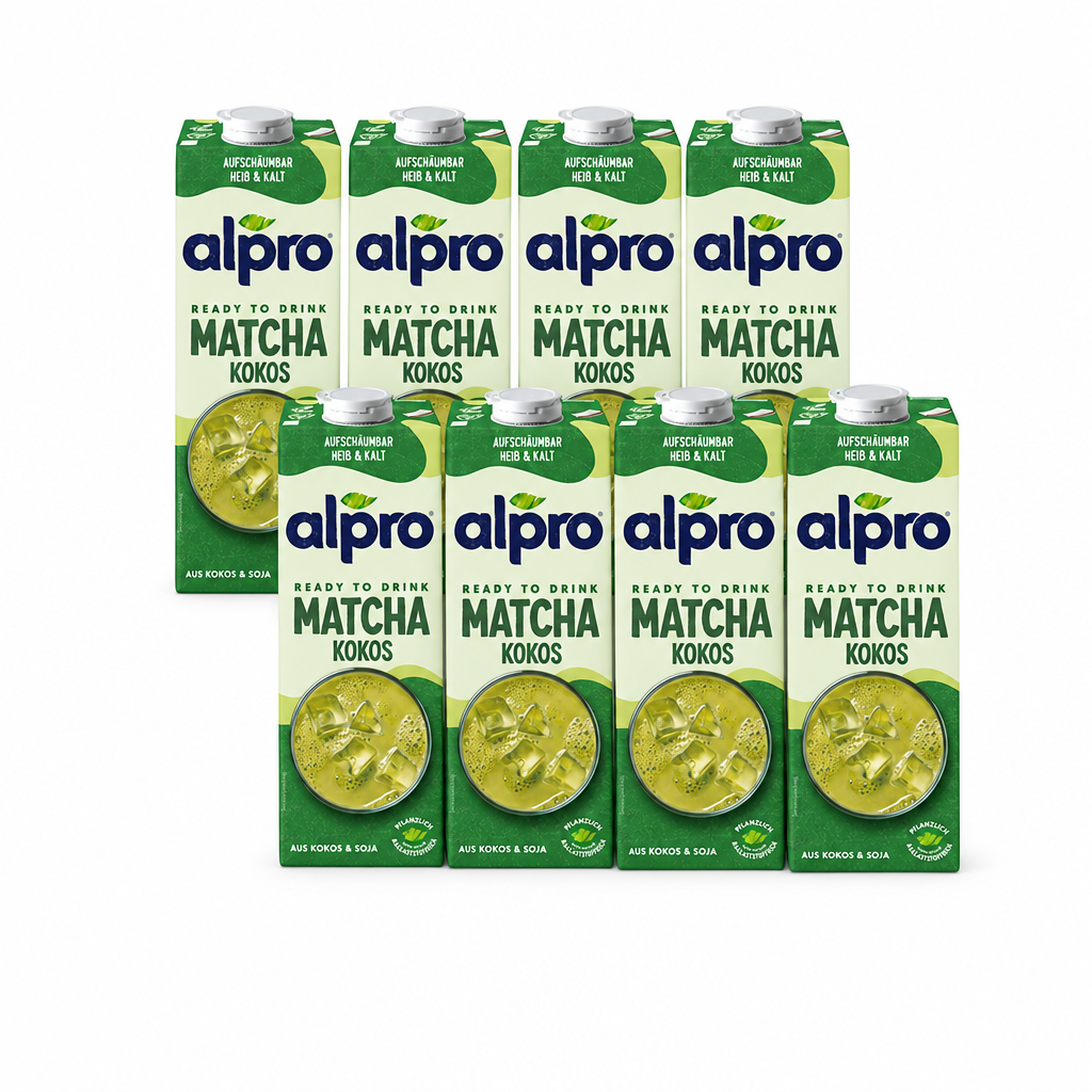 8 Packungen alpro Ready To Drink Matcha Kokos in zwei versetzten Viererreihen