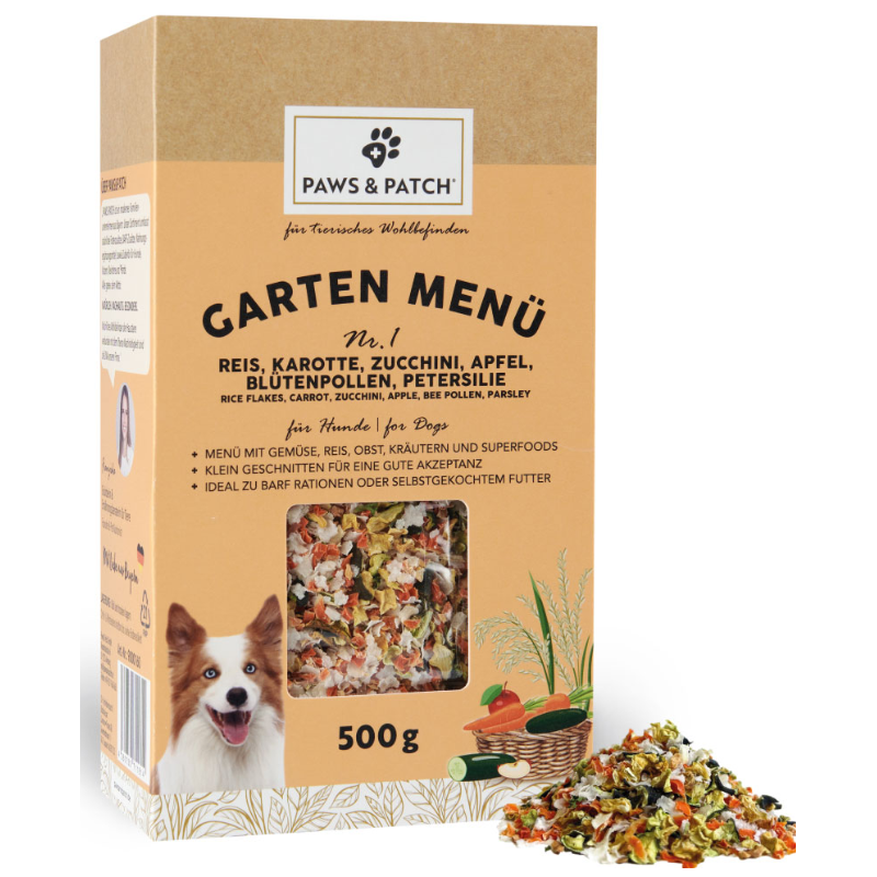 Paws & Patch Garten Menü 1 - Reis, Karotte, Zucchini, Apfel, Blütenpollen, Petersilie - Hundefutter (500g)