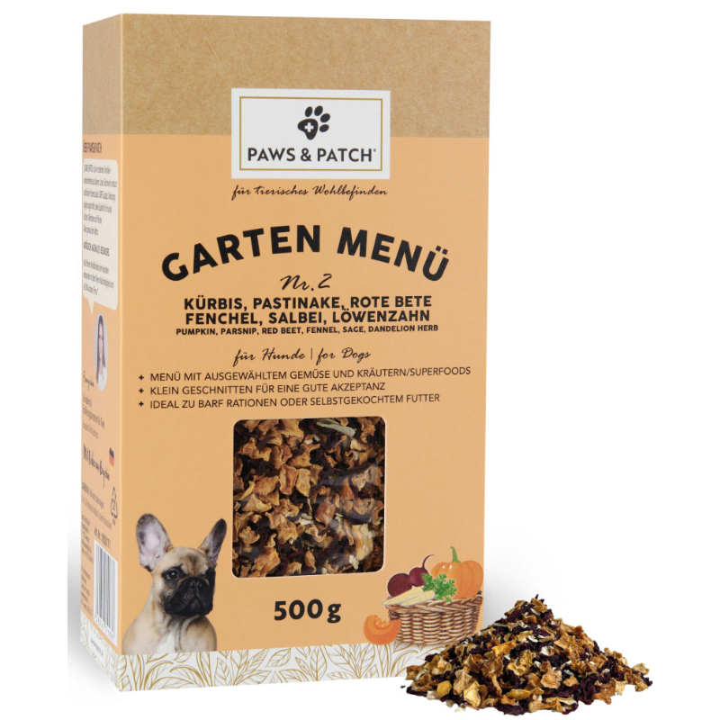 Paws & Patch Garten Menü 2 - Kürbis, Pastinake, Rote Bete, Fenchel, Salbei, Löwenzahn - Hundefutter (500g)