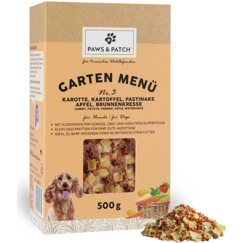 Paws & Patch Garten Menü 3 - Karotte, Kartoffel, Pastinake, Apfel, Brunnenkresse - Hundefutter (500g)