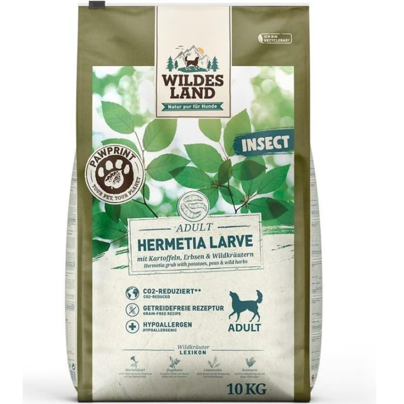 Wildes Land Paw Print Adult Insect, Hermetia Larve mit Kartoffeln, Erbsen und Wildkräutern - Trockenfutter für Hunde (10kg)