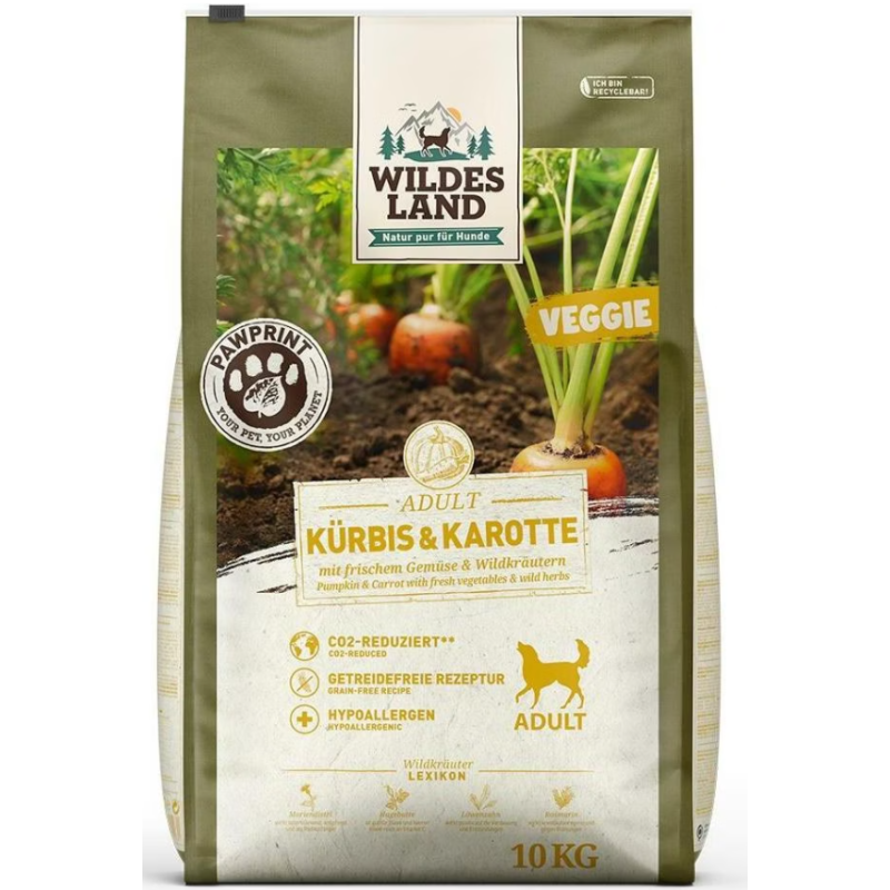 Wildes Land Paw Print Adult Veggie, Kürbis & Karotte mit frischem Gemüse & Wildkräutern - Trockenfutter für Hunde (10kg)